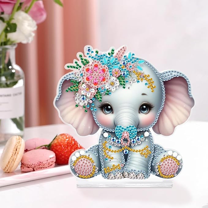 antor DIY Diamond Painting Desktop Ornament Kit, Acrylic Tabletop Diamond Art Decoration, Special Shape Crystal Diamond Painting Figurine Ornaments DIY Crafts Gift, Elephant with Floral Crown