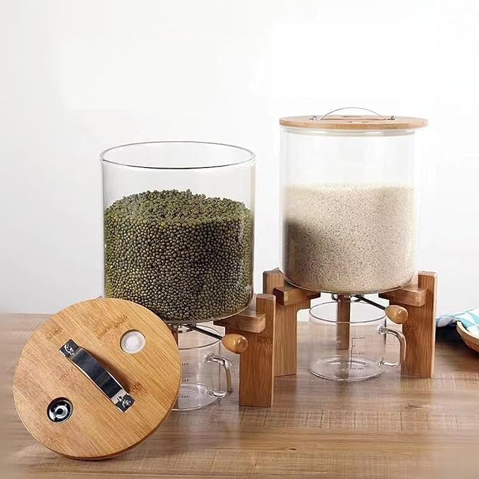 Rice Dispenser 5L, Grain Dispenser Glass Bucket, Cereal Dispenser Countertop for Kitchen and Pantry Organization, Large Rice Storge Container for Dry Food