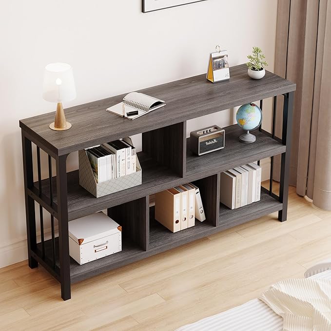 IBF Industrial 5 Cube Storage Organizer Bookshelf, Rustic Low Horizontal Book Shelf, Metal and Wood Cube Bookcase for Bedroom, Modern Wide Cubby Shelf for Living Room Home Office, Dark Grey Oak, 47 In