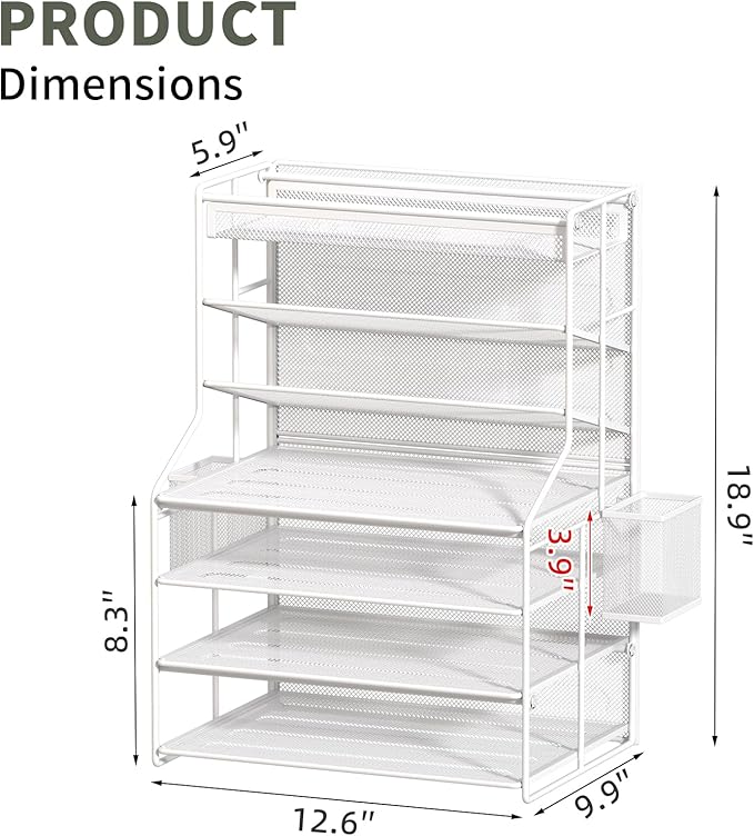 7 Tier Desk File Organizer – Vertical File Organizer for Desk with Removable Pen Holder & Adjustable Drawer – Metal Document Organizer for Office, Simple Trending Design – White