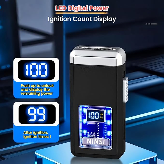 Smart Butane Torch Lighter - 4 Ignition Modes, Refillable and Rechargeable Lighters, Windproof Triple Flames with LED Battery Level and Ignition Count Display (Without Fuel) (Black)