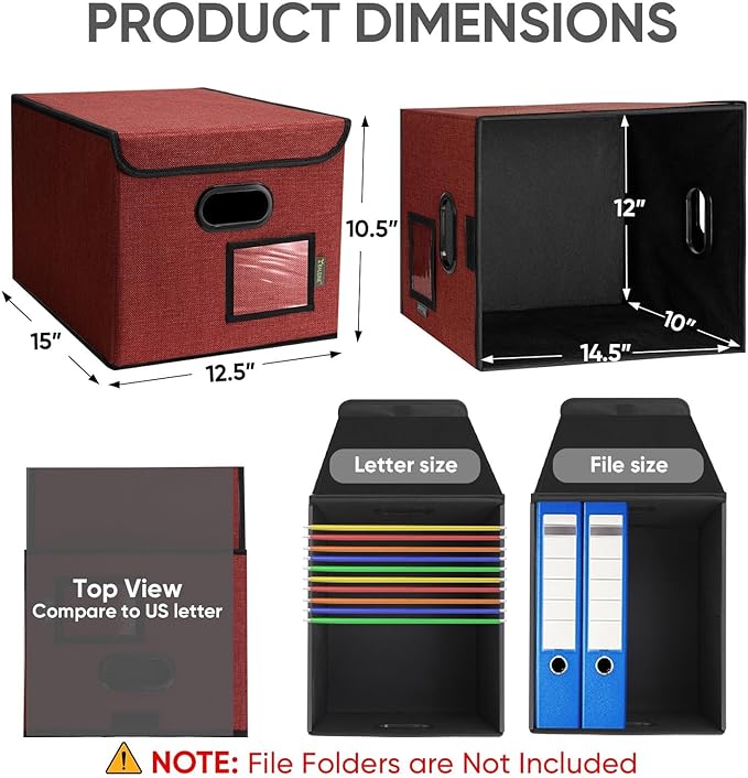 BALEINE File Organizer Box with Lid, Collapsible File Folder Organizer with Plastic Slide, Hanging File Folder Box for Office Document Storage (1 Pack, Red)