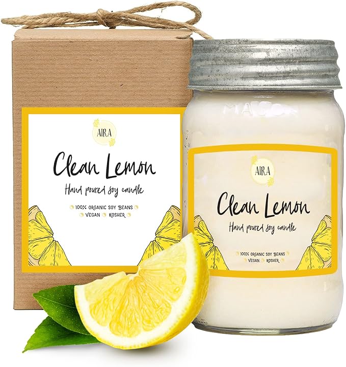Aira Soy Candles - Organic, Kosher, Vegan, in Mason Jar w/Therapeutic Grade Essential Oil Blends - Hand-Poured 100% Soy Candle Wax - Paraffin Free, Burns 110+ Hours - Clean Lemon - 16 Ounces