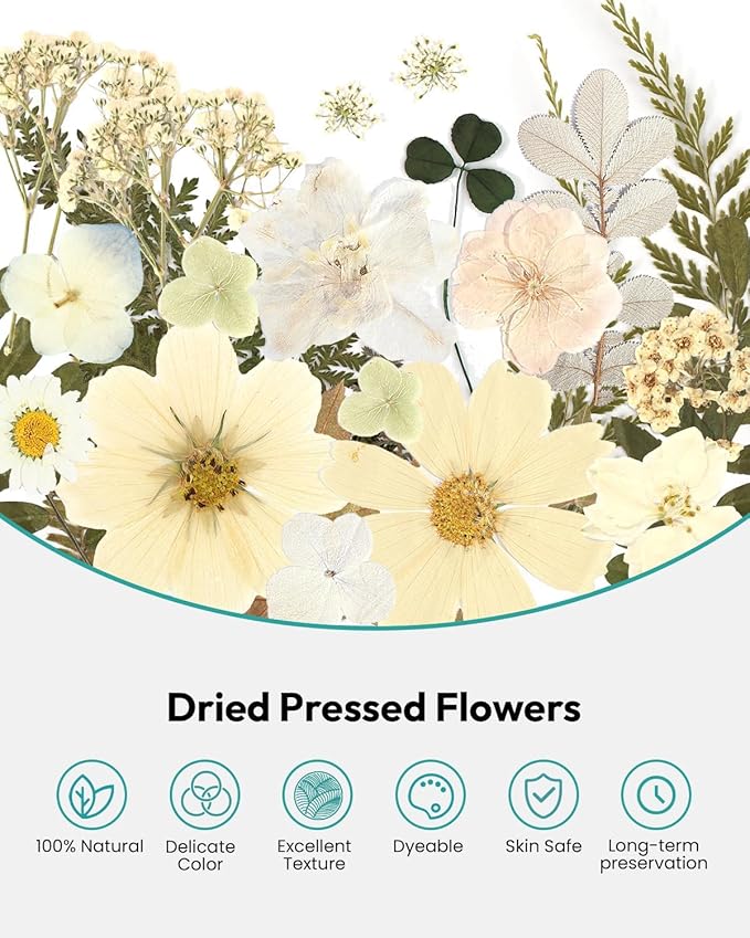 Dried Flowers, Resiners 100Pcs Pressed Flowers for Craft Whtie Real Natural Dried Flowers Dry Leaves Kit for DIY Making Crafts Resin Soap Candle Scrapbook Supplies Card Making Jewelry