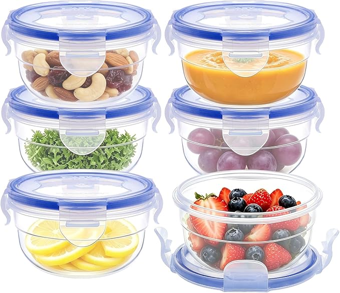 KIGI Round Food Storage Containers with Lids, Leak Proof Small Plastic Bowls for Soup, Snacks, Puree, Meal Prep and Lunch, 4-Sided Locking Lid, BPA-Free,10 oz / 1.25 Cup,12 Piece Set