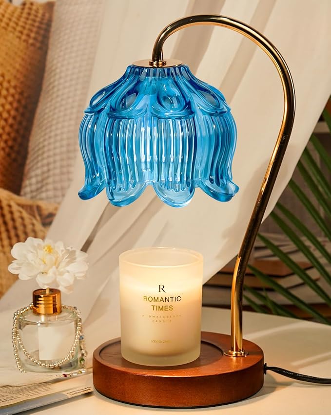 Flower Candle Warmer Lamp with Timer, Blue Candle Lamp Warmer, Birthday Gifts for Women, Mom, Wife, Dimmable Glass Lamp Candle Light Gifts, Aromatic Candle Wax Warmer for Vintage Livingroom Decor