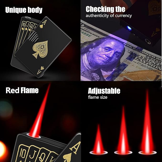 Jet Torch Lighter, Ace Card Red Flame Lighter, Metal Poker Design Windproof Refillable Butane Cool Lighter, Outdoor, Indoor, Camping, BBQ, Candle, Birthday, Gift for Men/Women (Without Gas)