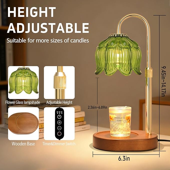 Flower Candle Warmer Lamp for Jar Candles with Timer & Dimmer, Adjustable Height Fits Large Jars up to 7.08" Tall, Flameless Wax Warmer, Cozy Bedroom Home Decor, Gift for Mom Women (Flower lamp-Green)