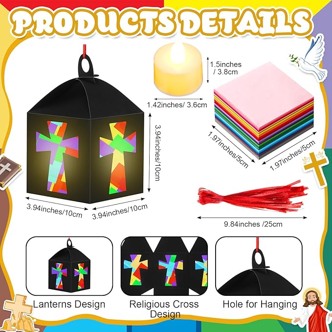 Simgoing 12 Sets Religious Cross Crafts with LED Candle Light DIY Christian Cross Lantern Tissue Paper Kits Religious Hanging Ornament for Church Sunday School Vbs Activities