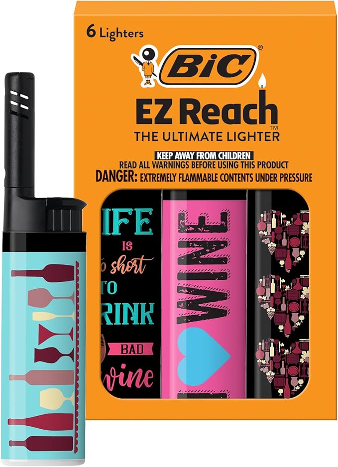 BIC EZ Reach Candle Lighter, The Ultimate Lighter with Wand for Candles, Counterculture, Shrooms, 420 Assorted Designs, 6 Count Pack of Lighters (Wine)