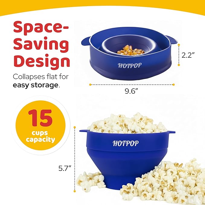 The Original Hotpop Microwave Popcorn Popper, Silicone Popcorn Maker, Collapsible Bowl BPA-Free and Dishwasher Safe- 20 Colors Available (Blue) (Pack of 2)