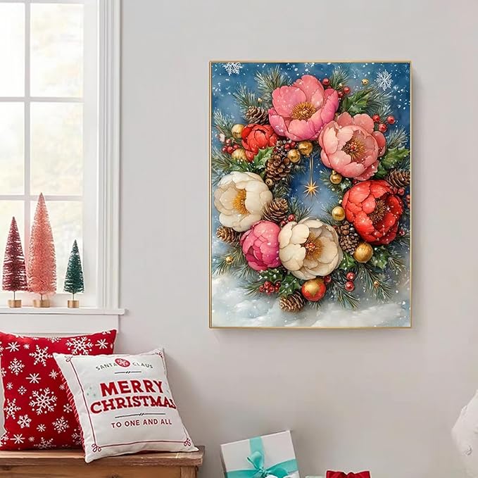 XTCIXAL Christmas Diamond Art Kits for Adults, Wreath Diamond Painting Kit, DIY Beginners Gem Art Suitable for Gifts and Home Wall Decor - 12x16 Inch