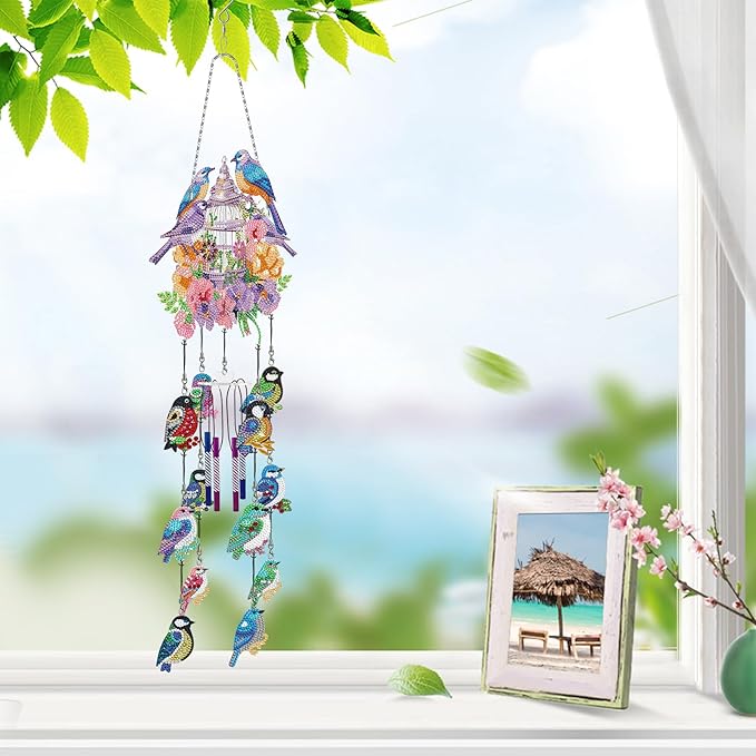 Birdcage Diamond Art Painting Wind Chime DIY Kits Sparrow Birds 5D Diamond Art Wind Chimes Hanging Ornament Set Double Sided Special Shaped Gem by Number Mosaic Wind Chime for Yard Tree Outside Decor