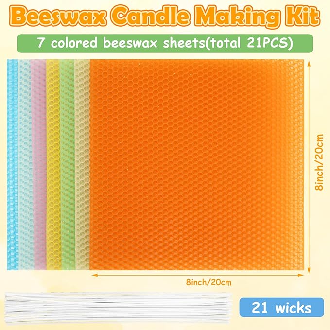 GBACHOOSE 8x8 Inch Beeswax Sheets for Candle Making, 21PCS Beeswax Candle Sheet, 7 Colorful Wax Candle Color Sheets Create Your Own Unique Candles