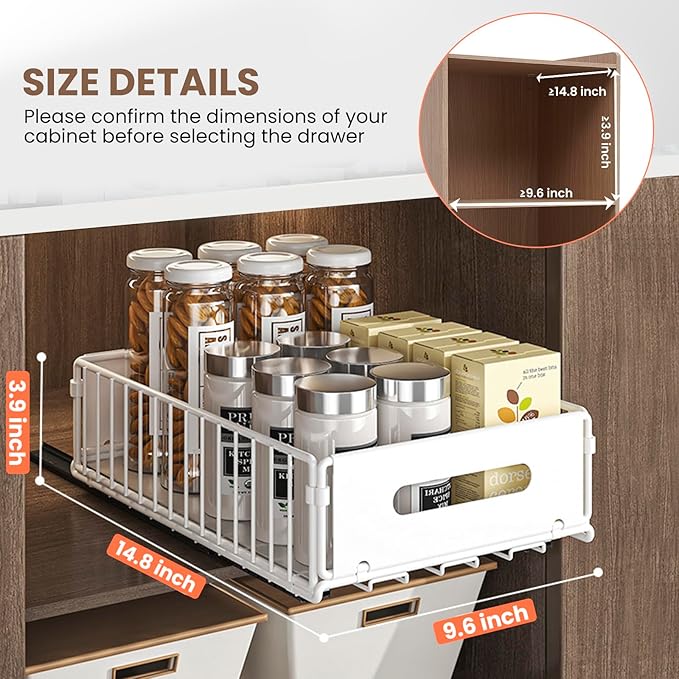 Pull Out Cabinet Organizer, 4 Pack Heavy Duty Slide Out Drawers Pantry Shelves Fixed With Strong Adhesive Glue and Handle for Kitchen, Living Room, Bathroom, Home (14.8" D X 9.6" W X 3.9" H)