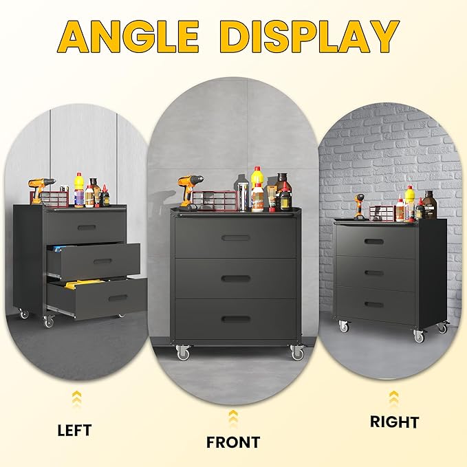Garage Storage Cabinets with Wheels, Locking Metal Storage Cabinets with 3 Drawers, Easy Assembly Rolling Tool Cabinet for Garage, Basement,Warehouse