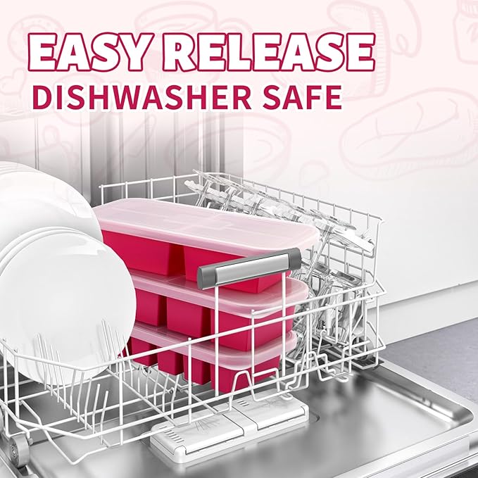 SHIKORI Silicone Freezer Trays with Lid,6-cup Soup Freezer Container large Ice Cube Molds with Reinforced Steel Ring Top for freezing Soup Sauce Broth Leftovers oven Dishwasher-Safe (Cranberry-6 Cup)
