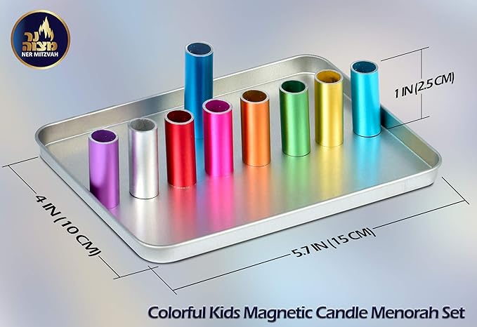 Colorful Kids Magnetic Candle Menorah Set- Includes Box of Chanukah Candles - Fun Safe and Decorative Tin Childrens Menorah