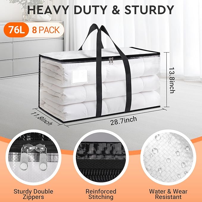HomeHacks Clear Moving Bags Heavy Duty 8 Pack, Storage Bags with Zipper, Extra Thick Handles & Waterproof Packing Boxes for Moving, Camping, Home Organization 76L/20Gal (28.7"x11.8"x13.8")