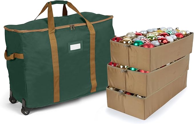 Covermates Keepsakes Rolling Adjustable Ornament Storage Bag – Heavy-Duty Polyester, FlexGrid Trays & Padded Dividers – Protective Holiday Organizer with Wheels, Handles & ID Window, Green