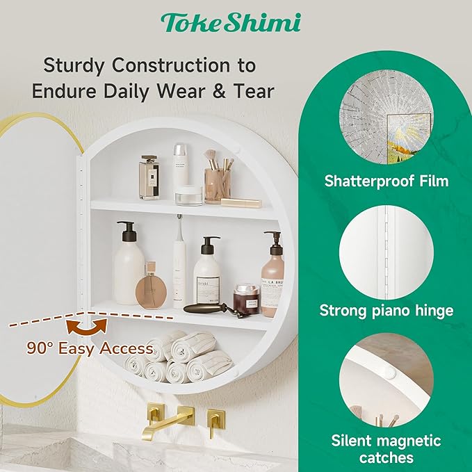 TokeShimi 24x24 Gold Round Medicine Cabinet with Mirror, Round White Medicine Cabinet with Detachable Shelves, Shatterproof, Surface Mount Only