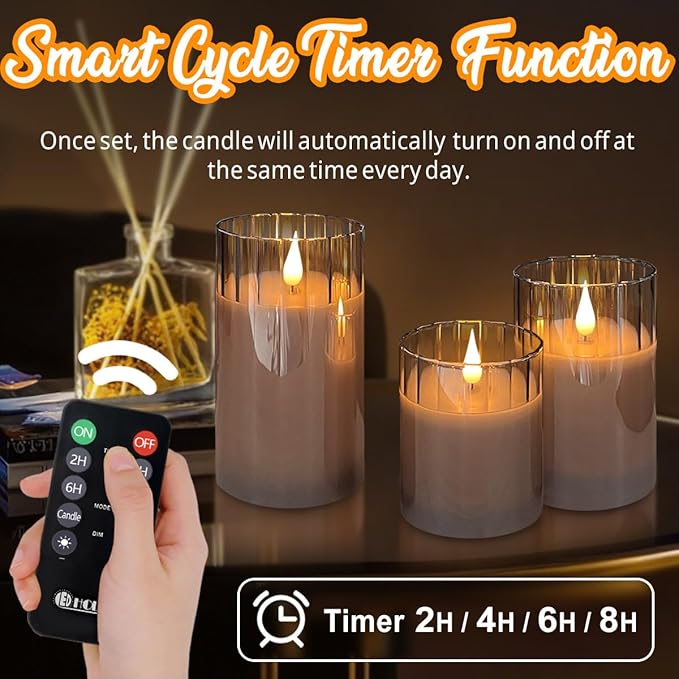 Rechargeable Flameless Candle, Flashing LED Pillar Real Wax Candle with Remote Control and Timer, Grey Stripes Glass Electronic Candles for Room Decoration, 1 Set of 3