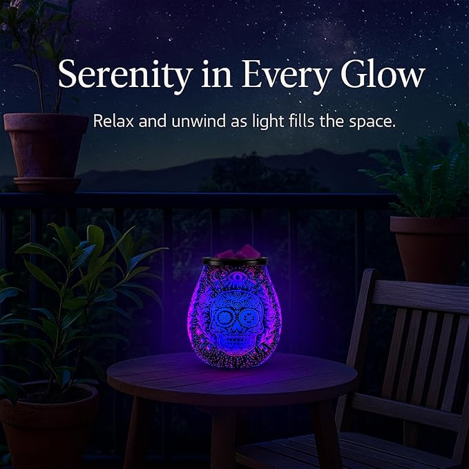 Leyoue 3D Glass Fireworks Electric Wax Melt Warmer with PTC Heating Plate 7 Colors LED Changing Light Wax Burner Melter Fragrance Warmer for Home (Skull Head)