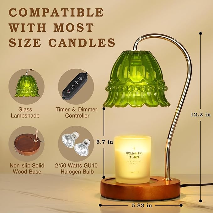 Funistree Dimmable Candle Warmer Lamp with Timer, Green Flower Candle Lamp Warmer for Jar Candles, Unique Women Mom Birthday Gifts Ideas, Fall Decor for Home Bedroom Living Room