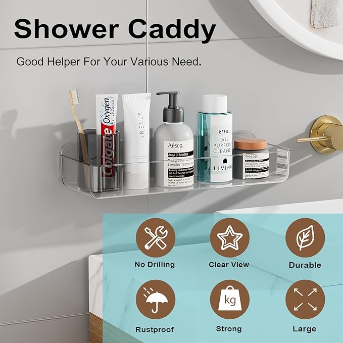 Wall Mounted Storage Organizer Bins Organizing Shelf Basket Clear Plastic Makeup Organizer Adhesive Hanging Bin Fridge Organizer for Bathroom,Kitchen,Cabinet,Pantry,Countertops (13.7×5×2.7”)