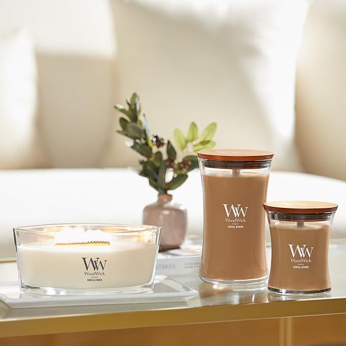 WoodWick Medium Hourglass Candle Santal Myrrh - Premium Soy Blend Wax Pluswick Innovation Wood Wick Made in USA