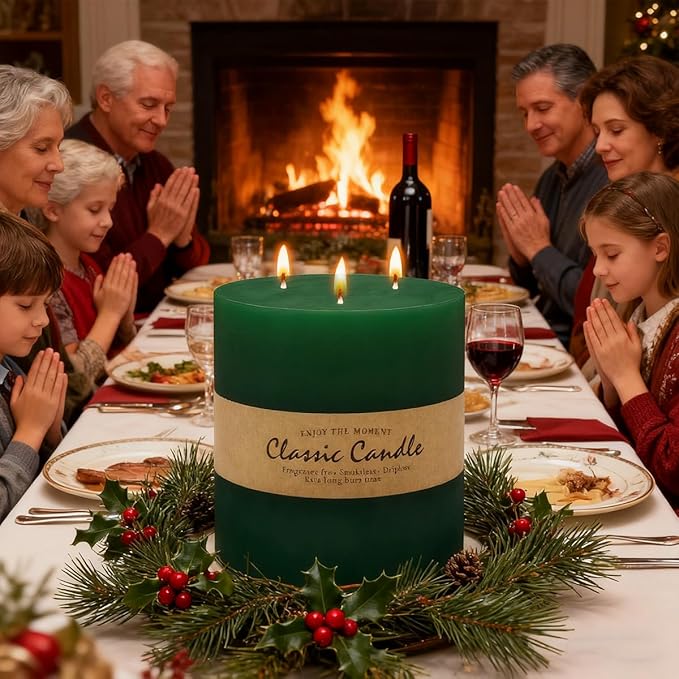 Large 3-Wick Green Pillar Candle - 6x6 Inch Dripless & Smokeless Unscented Fat Candle, 120 Hour Long Burning Hand-Poured Thick Candle with Cotton Wicks