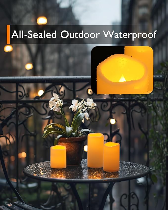 Homemory 3 Pack Flameless Candles, Outdoor Waterproof, Battery Operated LED Pillar Candles with Remote Control and Timer, Plastic, Long Lasting，4”5”6”