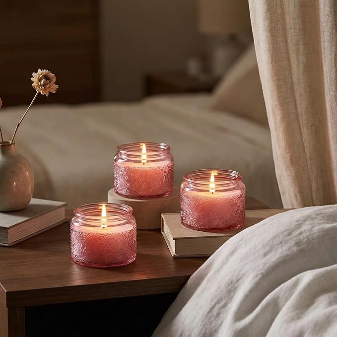 18-Pack 4oz Embossed Glass Candle Container with Bamboo Lids and Labels, Pink Candle Jars for Making Candles, Mandala Design