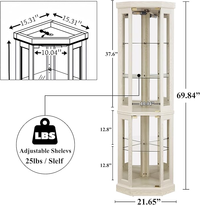 69" H Lighted Curio Cabinet Corner Display Case,Corner Glass Cabinet with Tempered Glass Door and Adjustable Shelves,Wooden Curio Case with Mirrored Back Pane (Style 2 - Antique White)