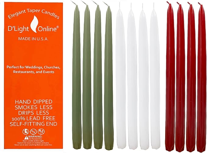 D'light Online Elegant 10" Holiday Unscented Taper Candle for Christmas - Premium Quality Candles Hand-Dipped Tapered Candles, Dripless and Smokeless - Set of 12 (10 Inch, Rustic Christmas)