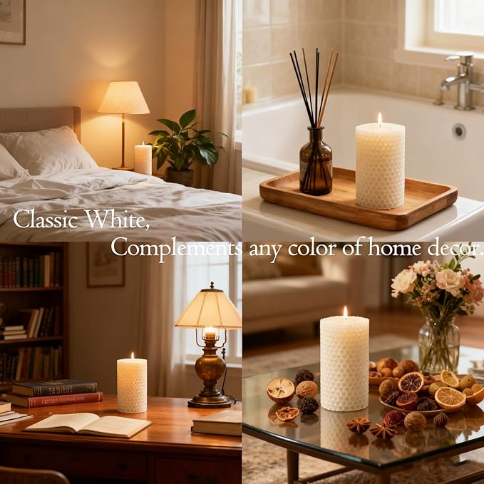 8 Packs White Beeswax Candles, Natural Beeswax Pillar Candles for Home Decor, Hand-Rolled Unscented Bees Wax Candle for Air Purify, Holiday Decor, 2x4 Inch