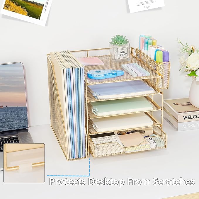 Desk Organizer, 5-Tier Paper Letter Tray Organizer with File Holder, Drawer and Pen Holder, Desktop Organizer for Office Supplies, Gold