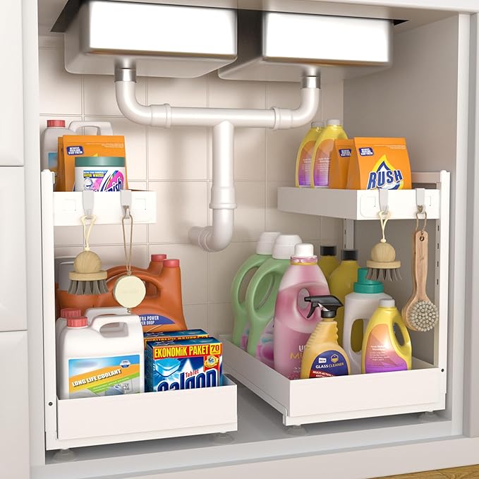 Under Sink Organizer, Bathroom Counter Organizer, 2 Pack 2 Tier L-Shape White, Adjustable Height Carbon Steel, Under Cabinet Storage with Pull Out Drawer, Use for Kitchen Bathroom Office Shop Laundry