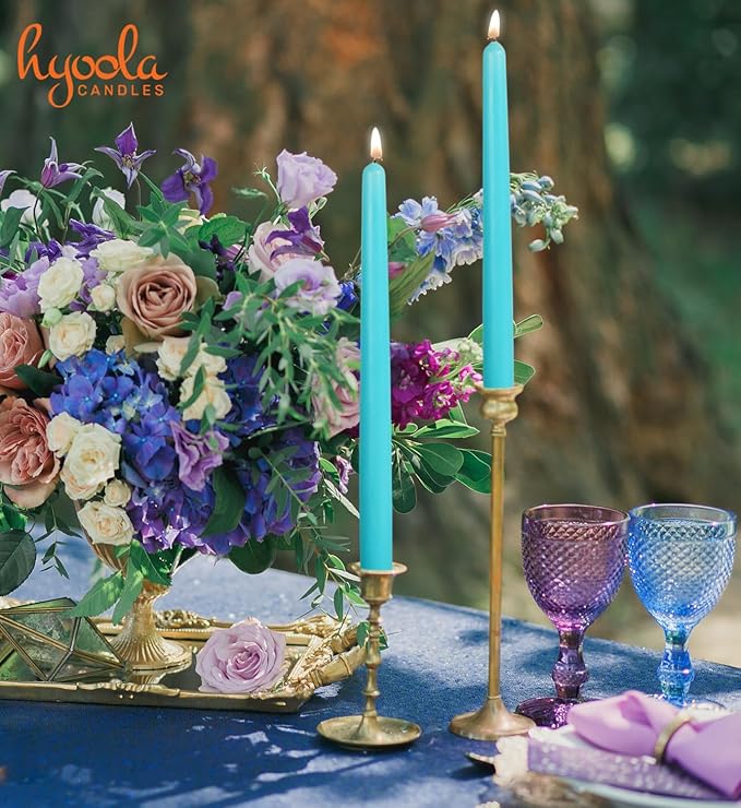 Hyoola Tall Taper Candles - 10 Inch Turquoise Dripless, Unscented Dinner Candle, Paraffin Wax with Cotton Wicks - 8 Hour Burn Time, Blue (Pack of 12)
