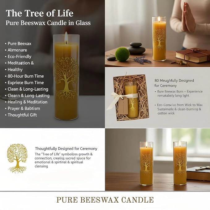 The Tree of Life Pure Beeswax Candles, Single Glass Pack - 160-Hour Burn Time, Clean Burning Long-Lasting Eco-Friendly Candle for Meditation, Prayer & Gift Giving