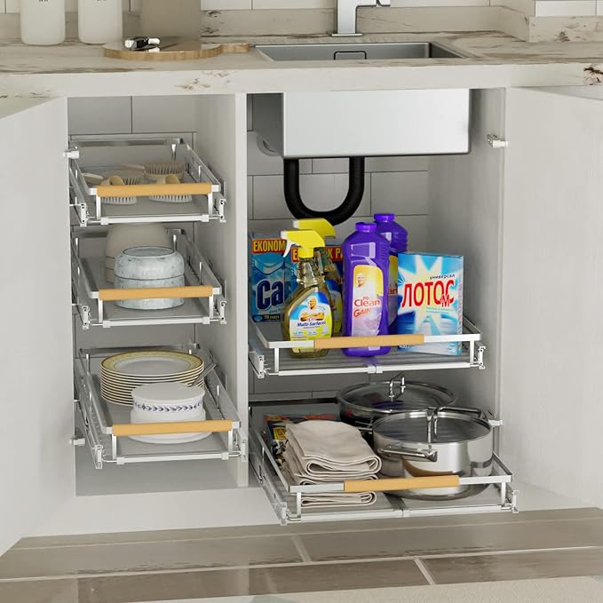 SANNO Pull Out Cabinet Organizer, Slide Out Drawers for Kitchen Cabinets, Expandable 12.1“ to 18.4" W fit for most cabinets