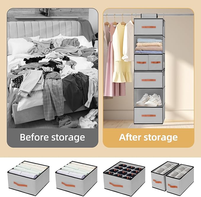 Hanging Closet Organizer 6-Shelf, Upgrade Hanging Shelves for Closet with 5 Removable Drawers & Side Pockets, Hanging Shelf Organizer for Bedroom or Garment Rack, 12.6'' x 12.6'' x 44.1'', Gray