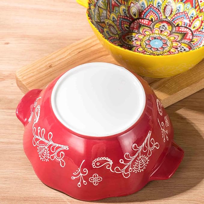 Henten Home Bohemia Large Bowls with Handle, 49 oz Ceramic Soup Bowl Set of 2, Porcelain Pho Bowl, Floral Noodle Bowls Set for Kitchen, Ramen, Udon, Microwave & Dishwasher Safe