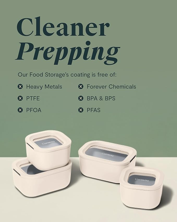 Caraway 2pc Glass Food Storage Set - 2.6 Cup Food Containers (2) - Non-Toxic Ceramic-Coated Glass - Air Release Technology - Compact & Stackable Design - Cream