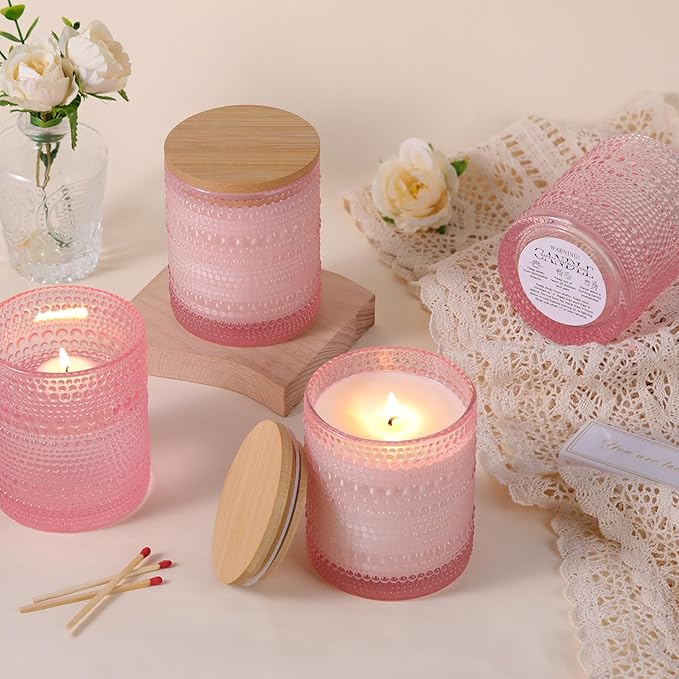 DARJEN 8 Pack Pink Candle Jars for Making Candles- 14 OZ Empty Glass Candle Making Jars with Bamboo Lids and Labels, Candle Containers Candle Making Supplies for DIY Gifts