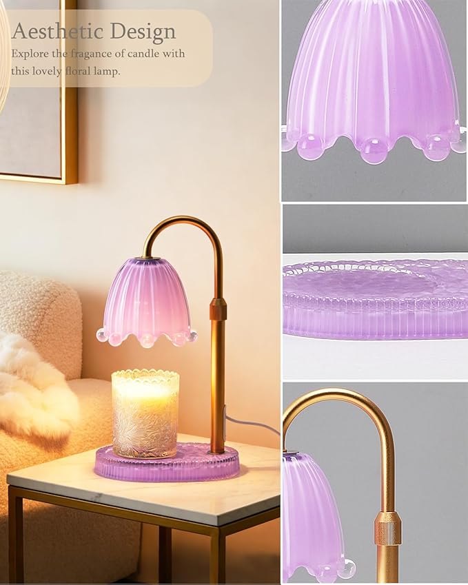 Flower Candle Warmer Lamp with Timer, Vintage Adjustable Glass Warmer Light for Jar Candles, Electric Wax Warming Melter, Gifts for Women Mom, Bedroom Decor (Purple-Flower)