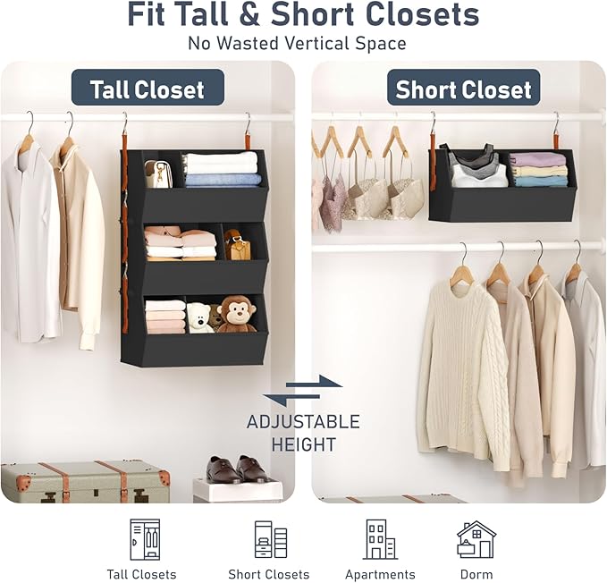 Hanging Closet Organizer Extra Large, Clothes Hanging Shelves for Closet with Divider, Collapsible Closet Storage System, Fabric Storage Bins for Home, Dorm, Rv, Sweaters, Handbags, Underwear, Sock