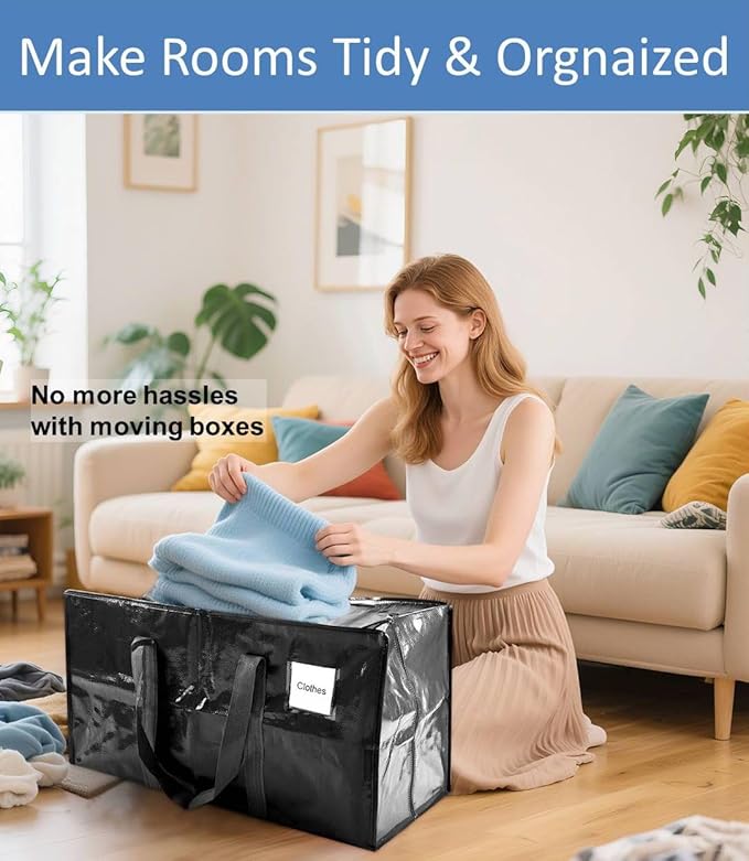 6 Pack Extra Large Moving Bags with Reinforced Handles, Heavy-Duty Storage Tote for Dorm Room Essentials with Strong Zipper,Packing Moving Boxes for College Supplies,Black