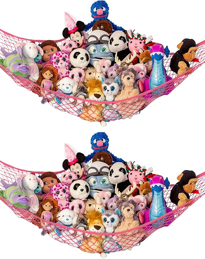Lilly's Love Stuffed Animal Hammock | Corner Hanging Organizer, Toy Storage, Stuffed Animal Storage Net | Made from Quality Fishing Net, Holds 12lbs | 67"x47"x47" (Coral, 2 Pack)