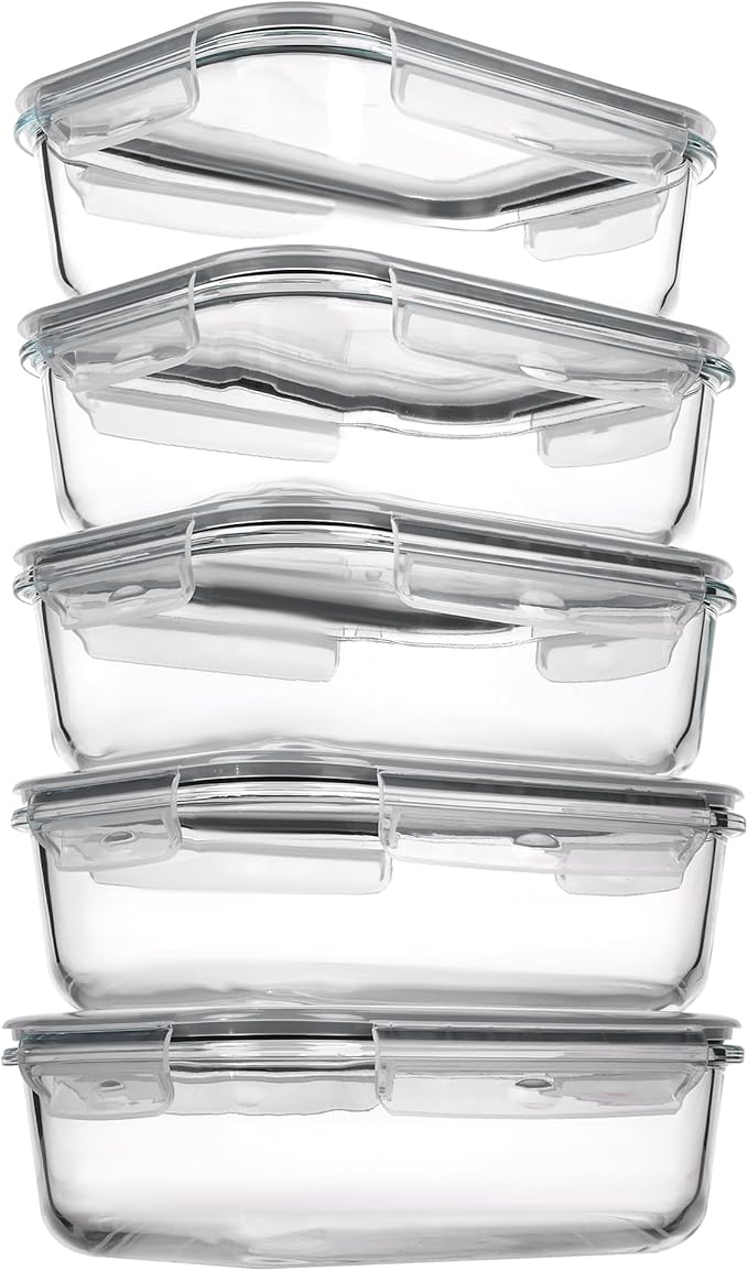 Vtopmart 5 Pack 35+22oz Glass Food Storage Containers with Lids, Airtight Reusable Meal Prep Lunch Container Set, Safe for Oven, Microwave, Freezer, and Dishwasher